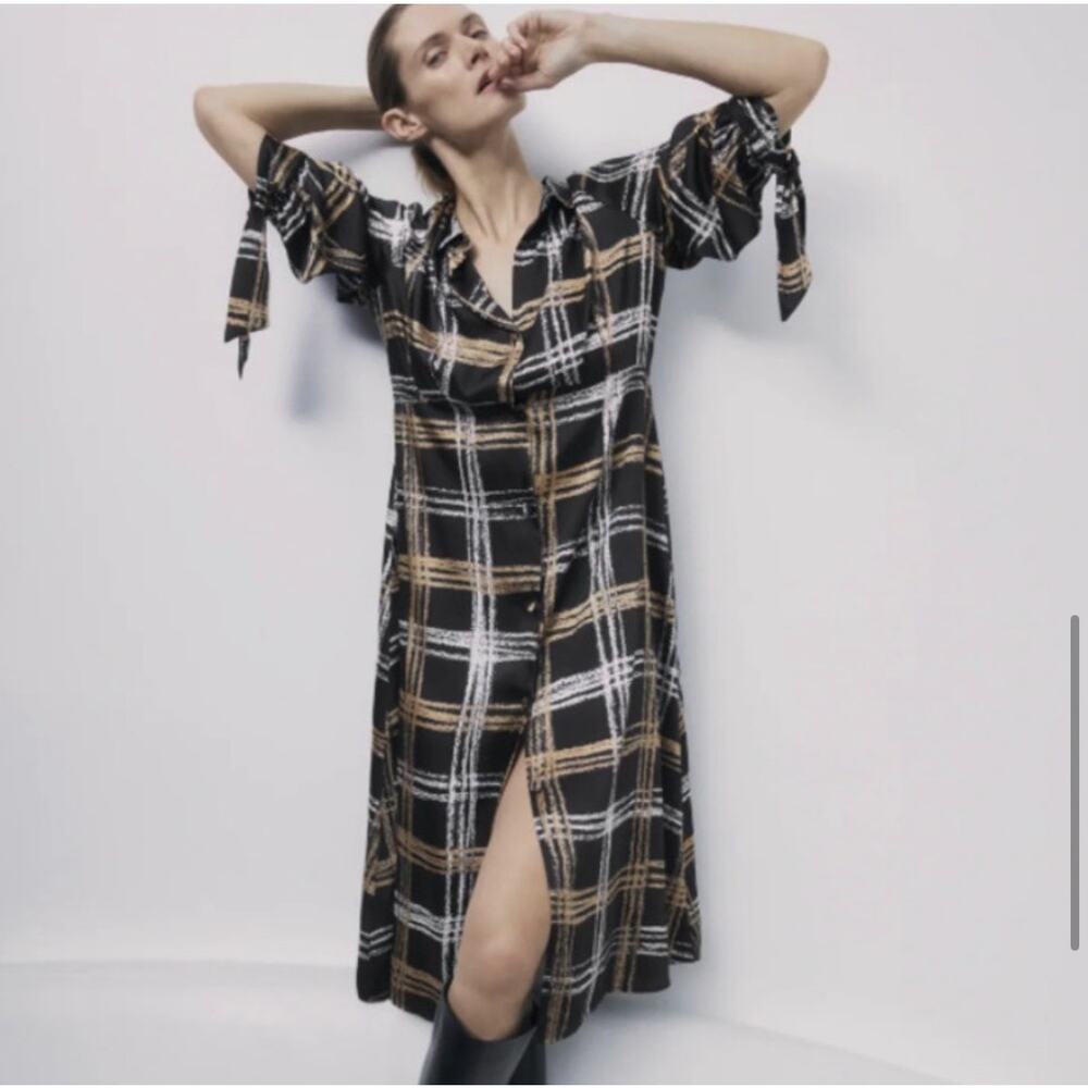 Zara Plaid Printed Brown Black Midi Satin Dress Size Small